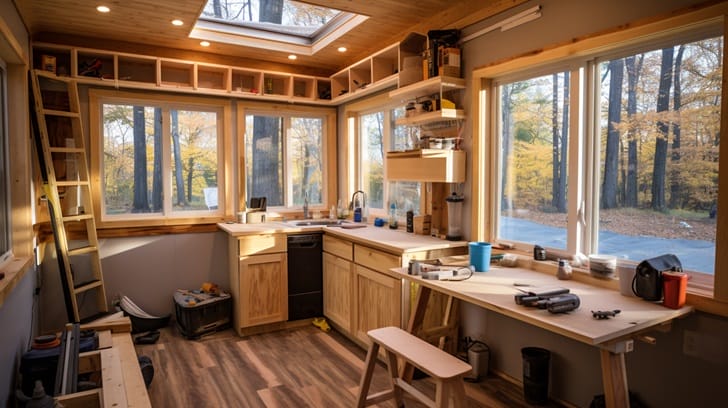 A photograph looking into the living space of a completed sustainable tiny house showing its cozy, eco-friendly interior design to depict the end result of the building process outlined.