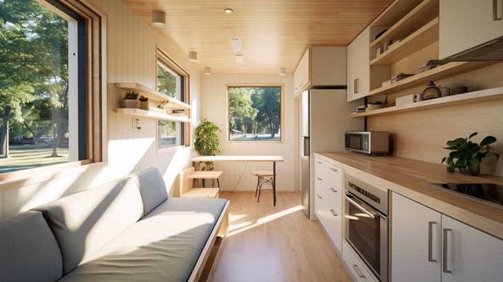 A cozy photograph looking into the living space of a beautifully designed tiny house with natural light streaming in, representing the appeal of the minimalist and sustainable tiny home lifestyle.