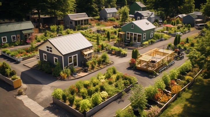 Bird's eye view of a thriving tiny house ecovillage community