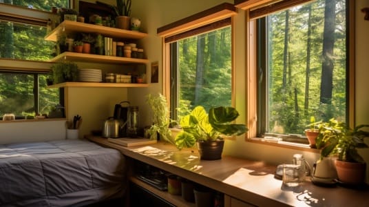 Sunlit cozy interior of a tiny home overlooking a lush forest. The minimalist space depicts the serenity and eco-conscious lifestyle of tiny living