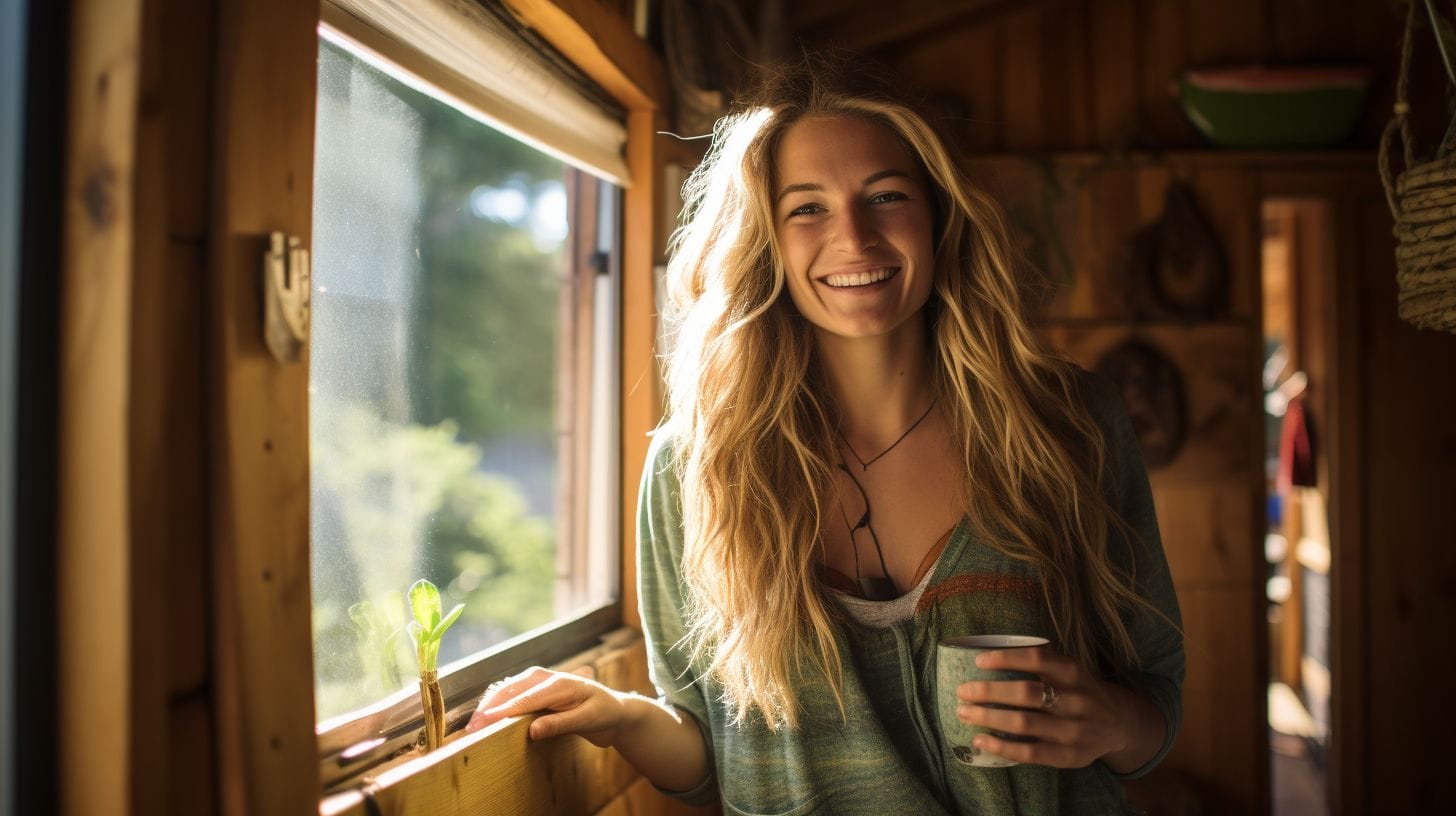 Woman smiling in her tiny house on wheels