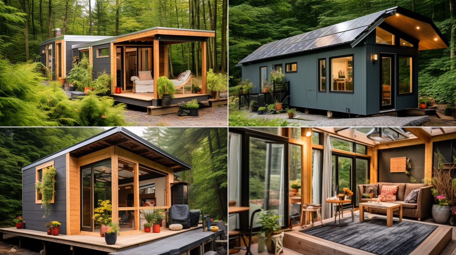 Collage of top eco-friendly tiny house building materials - recycled steel framing, reclaimed wood siding, cork insulation, bamboo flooring, solar panel