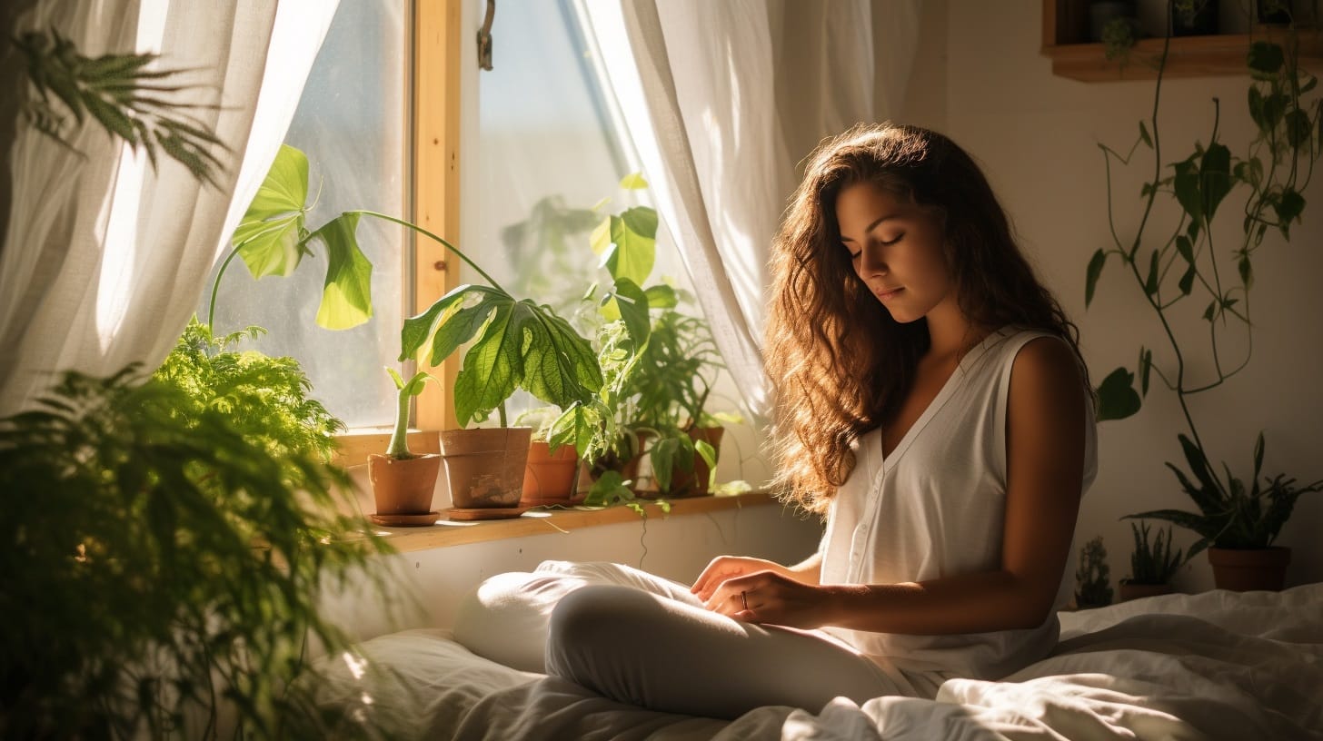 Woman relaxing in tiny house