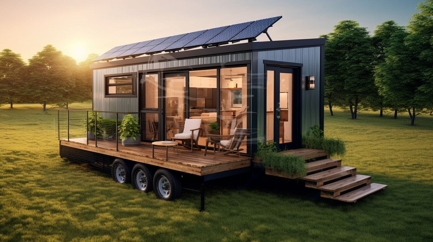 Modern tiny house in nature with solar panels