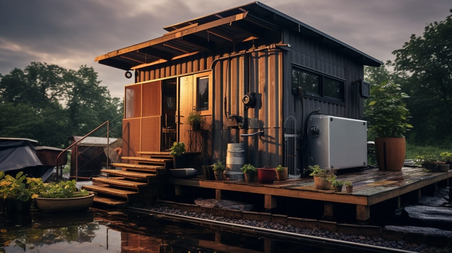 Off-grid tiny house with solar panel roof